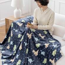 VelvetLoft Printed Flannel Blanket Soft Lightweight Cozy Throw With Cute Dino Pattern For Home Sofa Bed - Navy Blue - View 1