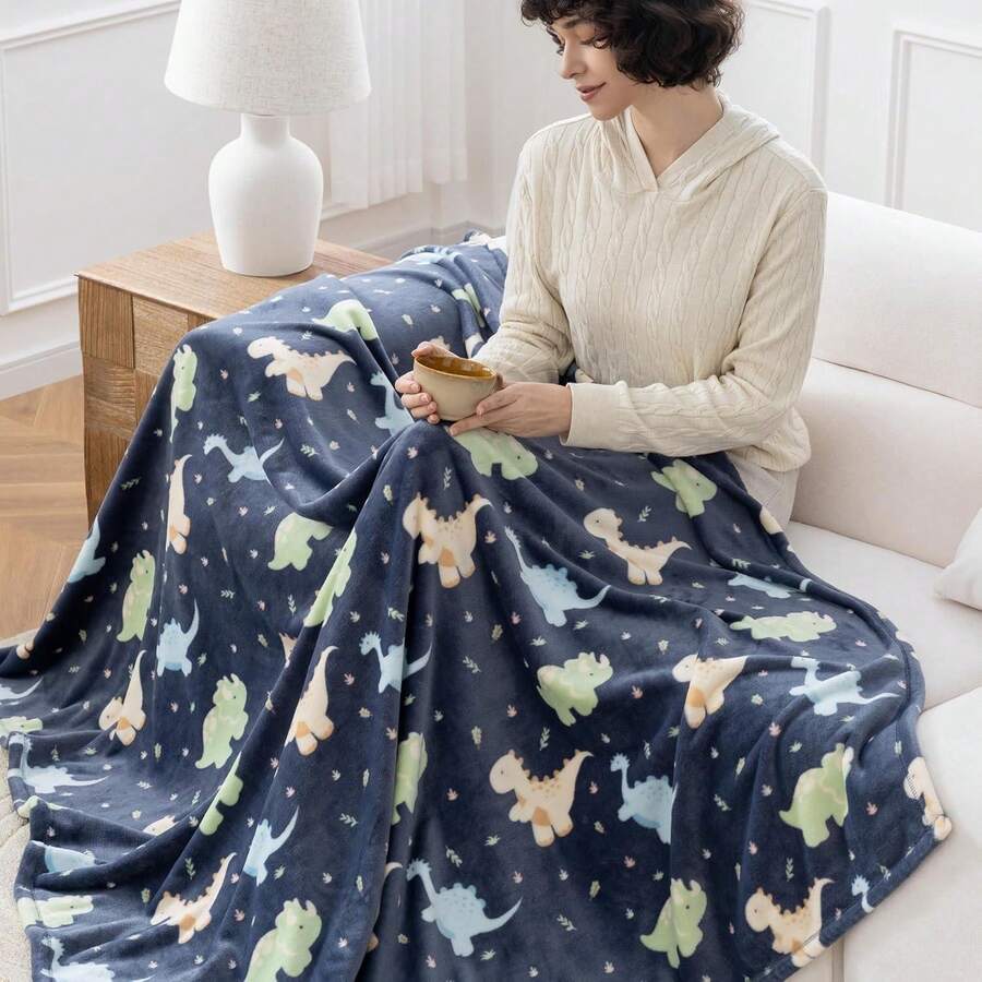 VelvetLoft Printed Flannel Blanket Soft Lightweight Cozy Throw With Cute Dino Pattern For Home Sofa Bed - Navy Blue - View 1