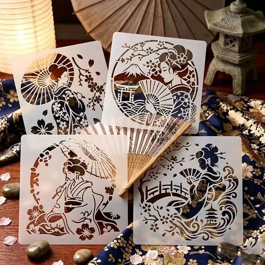 日式藝妓牆面彩繪模板 4入組,經典東方女性藝術模板套裝,可重複使用,適用於手工藝、優雅和服女士持扇傘美學模板,適合創意藝術項目、布料、畫布、瓷磚、剪貼簿及居家裝飾 - 套裝 - 查看 1