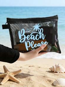印有彩色「Beach_please」文字、椰子樹與海鷗圖案的沙灘網袋，沙灘主題 - 便攜式化妝包，大容量透明化妝包，可收納口紅與氣墊粉撲，海岸風格。輕巧易攜，耐用，夏威夷風格網狀化妝包，適合沙灘度假、夏季旅行、游泳、購物、健身、母親節、情人節、教師節、畢業季、開學季、齋月、女性旅行、短途旅行 - 彩色 - 查看 2