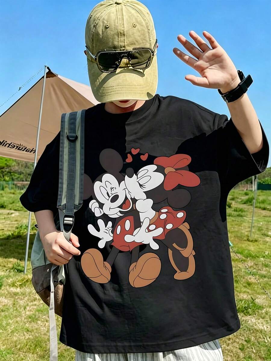 Officially Licensed Disney Mickey & Minnie Mouse With Love Heart Print T-Shirt, Classic Cartoon IP Pattern Casual Basic Crew Neck Tee - 黑色 - 查看 1