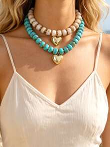 1pc Bohemian Vintage Y2K Creative Fashion Elegant Exquisite Gorgeous Minimalist Luxury Dopamine Color High Quality Resin Beaded Heart Pendant Necklace For Women Sisters Couples Prom/Graduation Jewelry Gift, Suitable For Valentine's Day Daily Date Party Holiday Gift Summer Beach Vacation Wear, Colorful Jewelry (Bead Color Random) - Multicolor - View 1