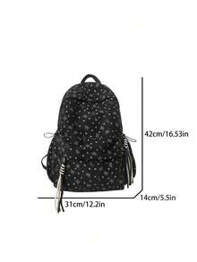 Women's Backpack | Corduroy Bow & Heart Print Casual Daily Bag, Drawstring Pocket Design Multifunctional Backpack, Suitable For Daily School Travel All Seasons - Black - View 7