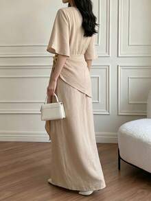 Women's Light Khaki Extra Long Ruffle Sleeve Dress With Starfish Metal Buckle Decoration, Slouchy Elegant Beach Casual Vacation Outfit Summer - Khaki - View 5