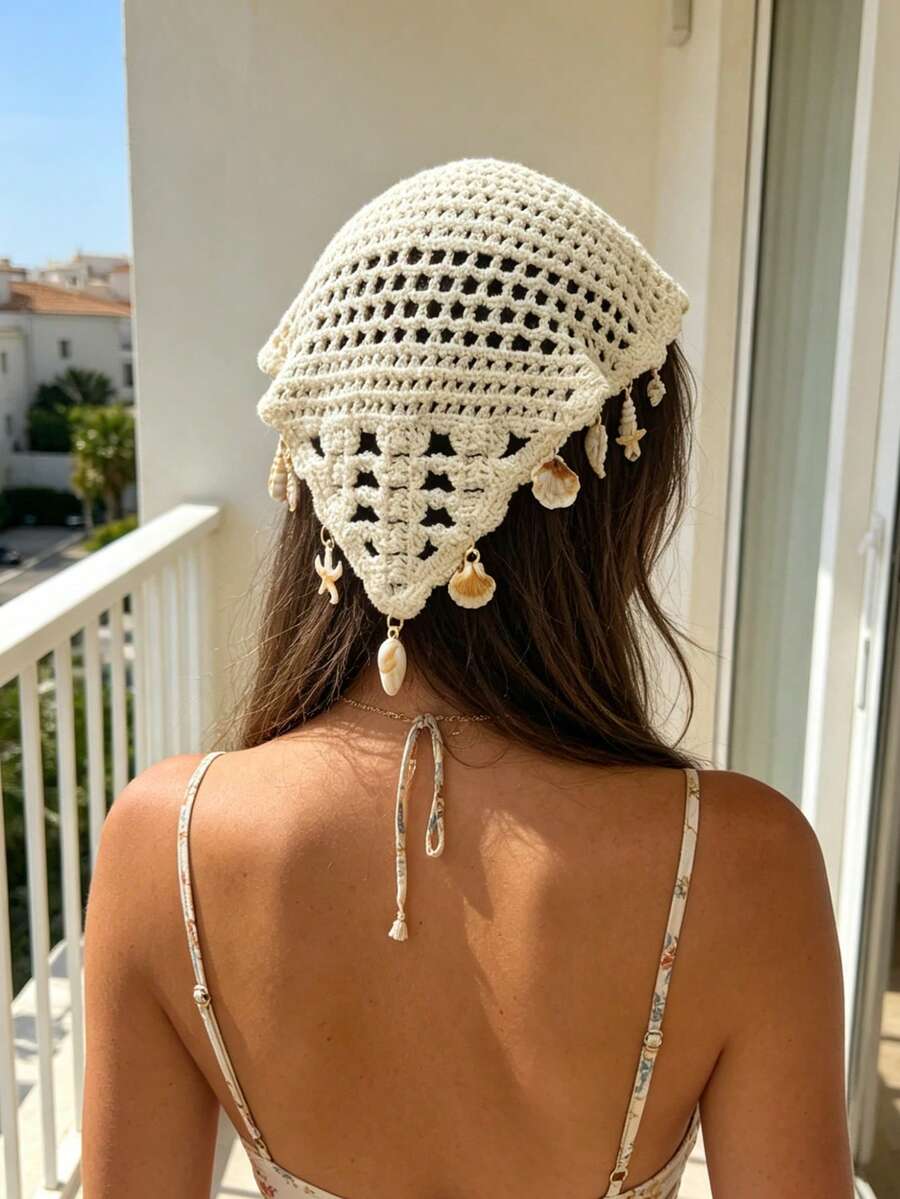 1件女款針織鏤空刺繡三角巾,波希米亞珍珠與貝殼吊墜裝飾髮帶,日常海灘旅行度假防曬髮飾,夏季髮箍海灘方巾 - 米色 - 查看 1