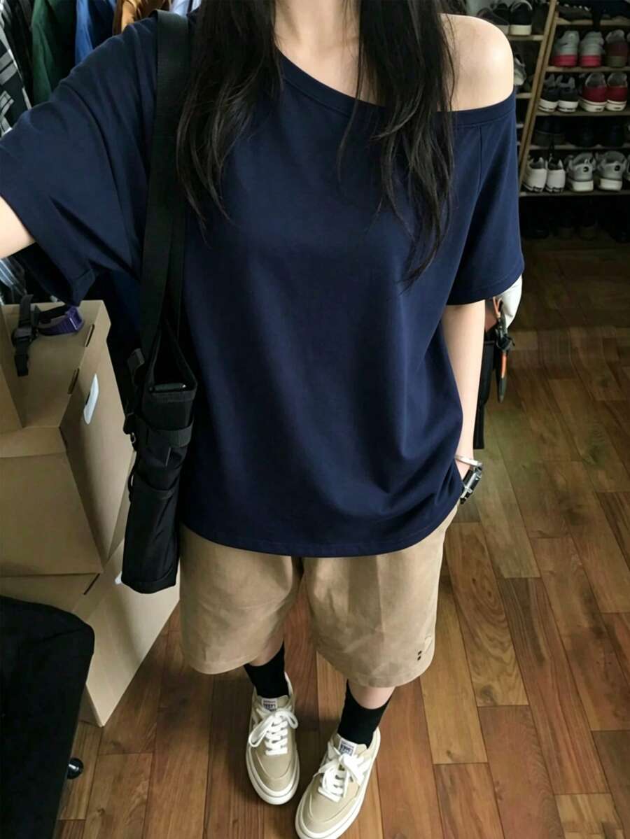 女款露肩短袖T恤,常規長度,聚酯纖維高彈力面料,海軍藍夏季上衣,適合辦公室日常穿著 - 藍色 - 查看 1