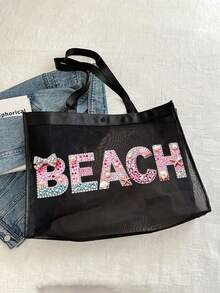 Rhinestone Letter Pattern Mesh Beach Tote Bag, Portable Transparent Hawaiian Style Cosmetic Bag, Lipstick Powder Skincare Toiletries Storage Bag, Multi-Functional Travel Cruise Dorm Essential, Women's Lightweight Summer Beach Tote, Ideal Wedding Bridesmaid, Mother's Day And Birthday Gift For Friends, Family And Teachers, Home Bathroom Bedroom Jewelry Nail Polish Lip Gloss Storage Bag - Multicolor - View 9