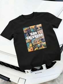 San Salvador El Salvador M En's Crew Neck T-Shirt, Relaxed Fit, Casual, Comfortable Fit, Unique Graphic Pri Nt - Black - View 2