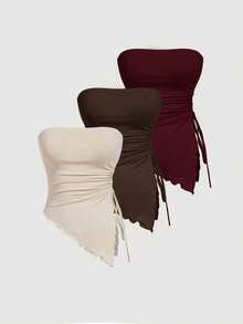 MOD 4 piezas Parte superior corta ajustada tipo tubo, con lazo en la cintura, top bandeau estampado, top corto sin tirantes, paquete de 4 tops bandeau tipo tubo para mujer con detalle de fru - Multicolor 2 - Ver 1