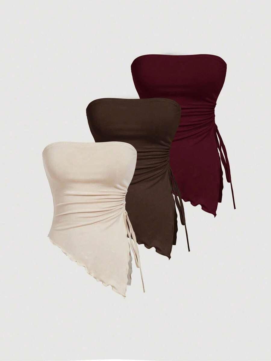 MOD 4 piezas Parte superior corta ajustada tipo tubo, con lazo en la cintura, top bandeau estampado, top corto sin tirantes, paquete de 4 tops bandeau tipo tubo para mujer con detalle de fru - Multicolor 2 - Ver 1