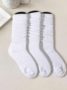 1/3/6/10 Pairs Women's Spring/Summer Versatile Pleated Over-The-Knee Socks, Korean/Japanese Lolita Minimalist Solid Color - White - View 1
