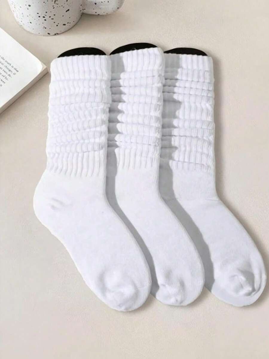 1/3/6/10 Pairs Women's Spring/Summer Versatile Pleated Over-The-Knee Socks, Korean/Japanese Lolita Minimalist Solid Color - White - View 1