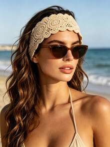 1pc Bohemian Style Handmade Crochet Headband, Vintage Floral Hollow Out Headscarf, Vacation/Beach/Seaside Photo Hair Accessory - Multicolor - View 1