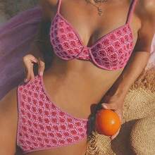 Textured Dot Underwire Bikini Set, New Arrival Beach Vacation Swimwear, Spaghetti Strap & High Cut Bottom, Gift Ready - Rose Red-1 - View 1