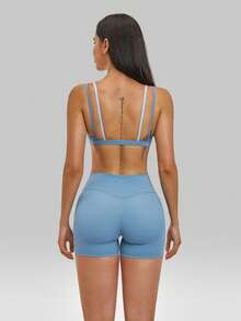 MFVIM Women's Naked Feel Triangle Cup Bra Thin Wire-Free Sports Set Backless Spaghetti Strap Fitness 2-Piece Set - Baby Blue - View 10
