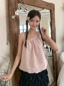 Sweet Asymmetrical Shoulder Slimming T-Shirt, Backless Polka Dot Sleeveless Top For Women, Summer Pink Casual - Pink - View 4