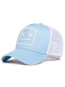 1pc Men's Smiling Face Embroidered Baseball Cap Fashion Trucker Hat Outdoor Adjustable Sun Protection Casual Hat Suitable For Travel Beach Vacation - Baby Blue - View 3