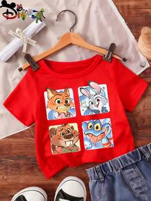Girl Disney Zootopia Nick Wilde Judy Hopps Square Cartoon Pattern T-Shirt, Cute Rabbit Fox Animal Print Short Sleeve Summer Casual Top - 紅色 - 查看 3