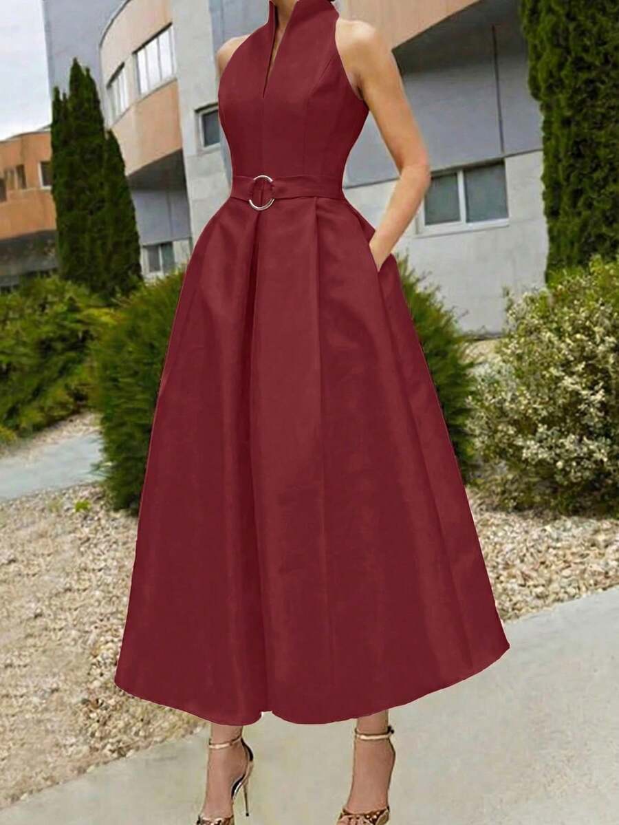 Elegant Women's Dress With A Tie Waist And A-Line Silhouette, New Spring/Summer And Fall/Summer Styles, Sleeveless With A V-Neck, Suitable For The Office Or Everyday Wear In Black. - 波爾多 - 查看 1