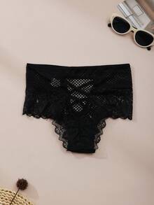 1PC Women Mid Rise Floral Mesh Lace Panties, Crossed Back Detail, Hollow Back Sexy Everyday Panties,Versatile Triangle Underwear - Black - View 2