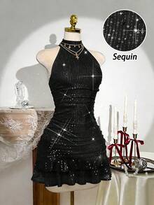 Or A Women's Halter Neckline Dress, Sleeveless, With Burgundy Sequins, For Dates, Parties, Nightclubs, Halloween, Valentine's Day, Elegant Occasions, Christmas, Birthdays, Spring, Summer, Autumn, Winter - 黑色 - 查看 9