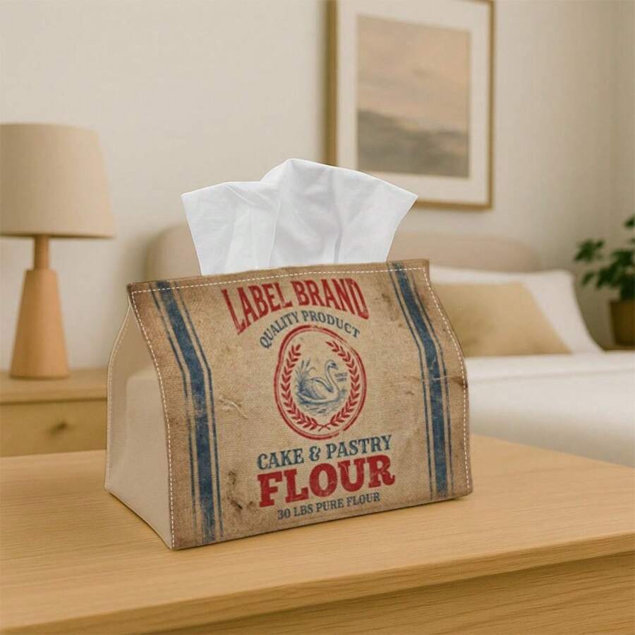 1pc Vintage Industrial Country Style Tissue Box Cover With "Cake & Pastry Flour" Label - Linen Material Tissue Box, Suitable For Home, Office, Car And Party Use, Reinforced Edges And Washable Ends, Compact Modern And Catering Decor Style - Multicolor - View 1