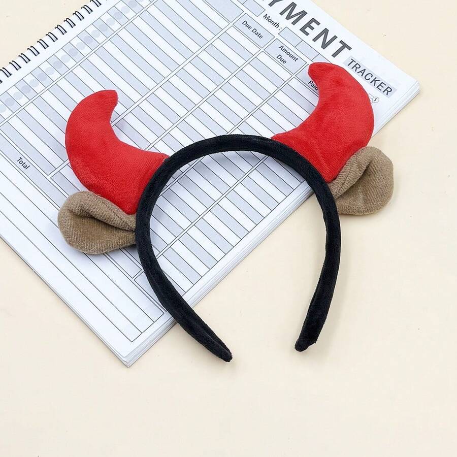 1pc Plush Red Devil Horn & Cow Ear Headband, Halloween Cosplay Costume Hair Accessory, Party Holiday Photo Prop - View 1