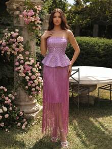 Novo Conjunto de Vestido de 2 Peças com Franjas de Diamante para Mulheres Moda Outono - Malva - Visão 5