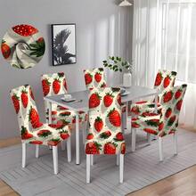 Universal Size Strawberry Print Stretch Chair Covers, Packs(1/2/4/6/8Pcs), Two Designs: Full Strawberry & Red Gingham Strawberry, High Elastic Full Wrap Washable, 2D Printed, Easy Install For Kitchen, Party Decor & Gifts. - Multicolor - View 11