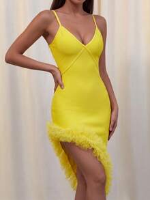 Sexy Spaghetti Strap Deep V Asymmetric Mesh Ruffle Hem Bandage Dress - Yellow - View 8