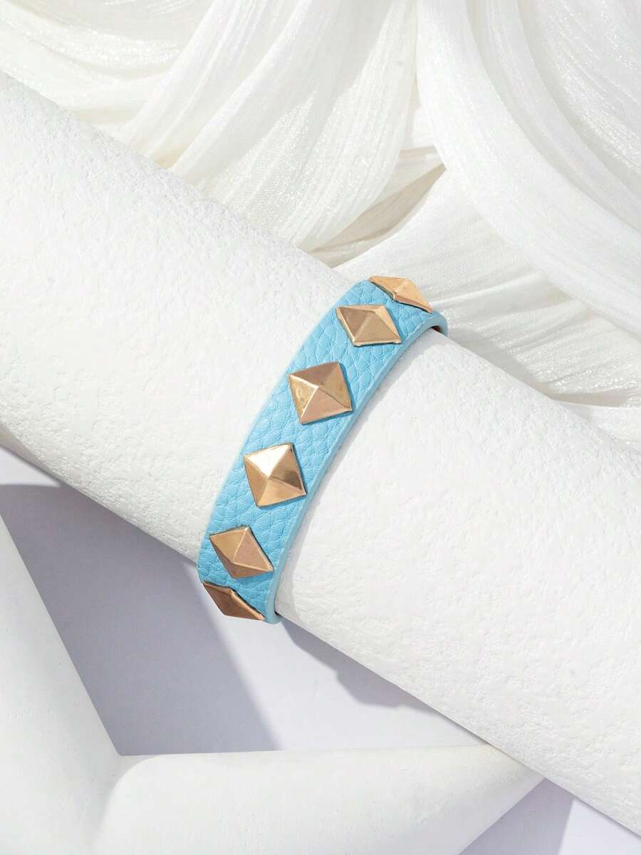1pc Women's Rock Studded PU Triangle Rivet Motorcycle Dark Style Y2K Adjustable Bracelet With Buckle, Suitable For Daily Wear - Blue - View 1