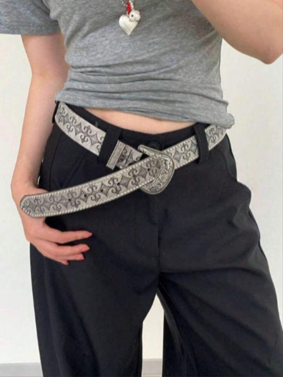1條女款龐克哥德風子彈鉚釘腰帶，黑色PU皮革孔眼裝飾腰帶，Y2K千禧辣妹街頭風牛仔褲/音樂節百搭腰帶