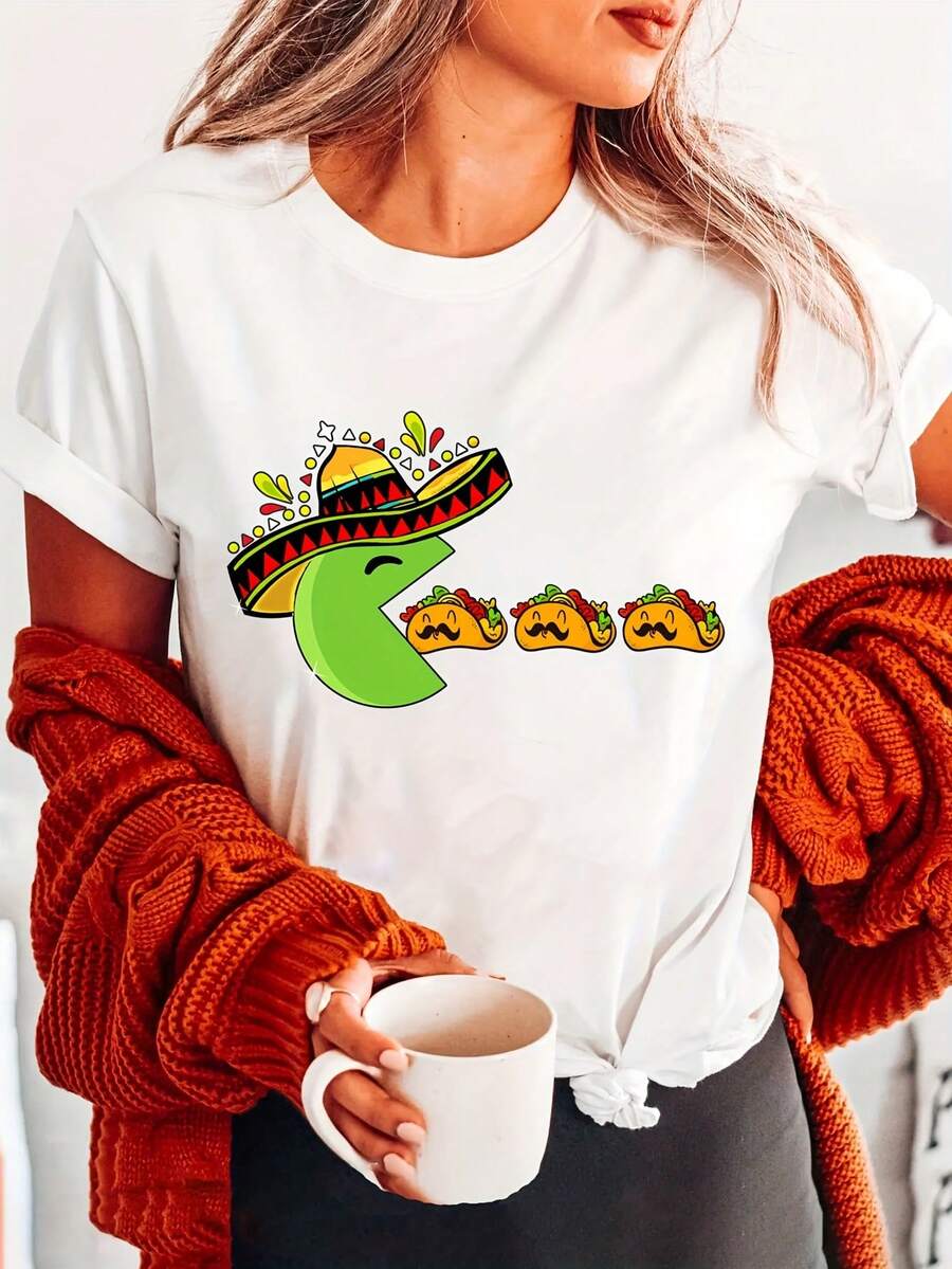 Diseño simple y versátil, ropa de mujer para verano y primavera, top casual de manga corta, camiseta de algodón con cuello redondo y estampado de tacos - Blanco - Ver 1