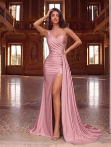 ADYCE Vestido largo con hombro descubierto, cintura plisada y abertura, diseño drapeado delantero, estilo sin espalda, adecuado para baile de graduación, cena formal elegante, baile, boda - Rosa - Ver 6