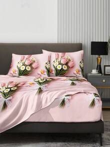 Set Sprei 4 Potong Motif Patchwork Segitiga Ungu & Abu-abu, Set Sprei Lembut Mudah Perawatan (1 Sprei Datar + 1 Sprei Fitted + 2 Sarung Bantal), Set Sprei Rajut Cocok Untuk Ukuran King/Queen/Full/Twin, Cocok Untuk Kasur Tebal 11,8 Inci, Lembut, Bernapas, Tahan Kerut, Sprei Motif Geometris - Berwarna merah muda - View 4