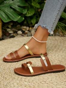 Slide Sandals For Women Brown Contrast Dual Band Flat Sandals, Casual Open Toe Rhinestone Rivet Summer Slippers For Beach Wear - Brown - View 2