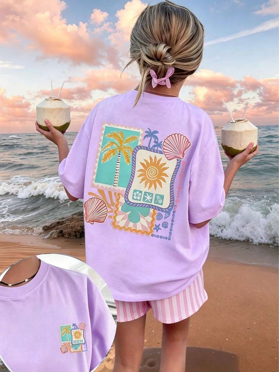 Tween Girls' Tropical Summer Print Short Sleeve T-Shirt, Student Young Casual Wear, Prepared For Girls Ready To Play In Summer - Purple - View 1