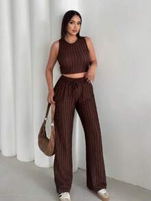 Women's Fitted Tank Top With Reverse Seam Crop Top And Wide Leg Pants 2 Pieces Set - Brown - View 6