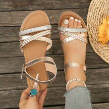 Aijiangluo Women's Vacation Style Woven Rhinestone Wedge Sandals, Metallic Snake Print Embossed Buckle Ankle Strap Sandals, Casual Outdoor Open Toe Beach Flat Shoes - Rose Gold - View 1