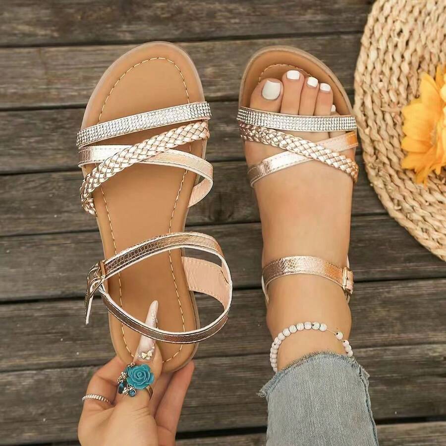 Aijiangluo Women's Vacation Style Woven Rhinestone Wedge Sandals, Metallic Snake Print Embossed Buckle Ankle Strap Sandals, Casual Outdoor Open Toe Beach Flat Shoes - Rose Gold - View 1