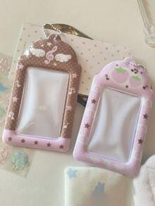 Pink Brown PVC 3-Inch Small Card Holder Original Versatile Musical Note Wings Strawberry Student Campus Card Meal Card Holder Display Pendant, Note Wings 3-Inch Photo Card Holder Cute Strawberry Student Campus Card Holder Stationery Supplies, Back To School Season - Color - View 5