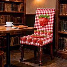 Universal Size Strawberry Print Stretch Chair Covers, Packs(1/2/4/6/8Pcs), Two Designs: Full Strawberry & Red Gingham Strawberry, High Elastic Full Wrap Washable, 2D Printed, Easy Install For Kitchen, Party Decor & Gifts. - Multicolor - View 2