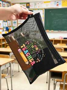 Colorful Floral "Teacher" Design Teacher-Themed Mesh Makeup Bag - Zippered Travel Organizer Bag For Cosmetics, Multi-Purpose Makeup Bag, Organizer Bag, Portable Makeup Storage Bag, Jewelry Accessories, Perfect For Back To School, Birthday, Holiday, Teacher's Day And Other Teacher Gifts, Creative Teacher Gift - Multicolor - View 5