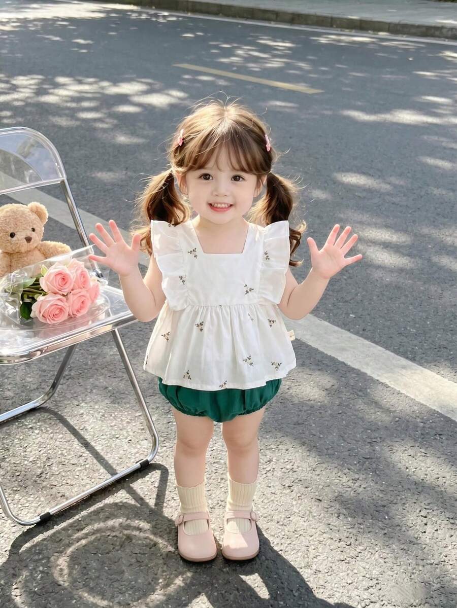 Conjunto de blusa de manga corta para bebé niña y pantalón corto de unicolor con diseño floral - Verde - Ver 1