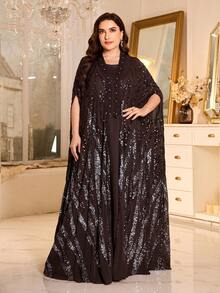 Plus Size V-Neck Brown Batwing Sleeve Maxi Dress, Asymmetric Color Block Sequin Applique, Elegant Women's Modest 2-Piece Dress Set Vacation Fall - Chocolate Brown - View 4