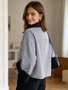 Women's Luxury Striped Woven Short Shacket, Shirt Collar, Button Front, Wrist Length Sleeves, Fashion Short Design - Black - View 4