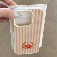 1pc TPU Material Pink Yellow Striped Crab Pattern Phone Case Compatible With IPhone 17 Pro Max/17/16 Pro Max/15/13/12/11/ S20 FE/A15/S24/A55/ Note 11/Note 12/Note 13 Pro Full Coverage Shockproof Soft Shell Protective Cover - White - View 3