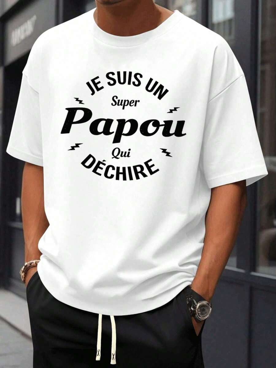Camiseta Gráfica Super Grandpa Papou en Algodón Premium, Ajuste Cómodo y Transpirable, Estilo Hip-Hop Urbano, Estampado Artístico - Blanco - Ver 1