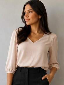 3/4 Length Polyester Blouse, Contrast Knit, Sizes M To XL, Perfect For Daily Wear, Holidays, Office, Home, And Autumn. - 淺褐色的 - 查看 2