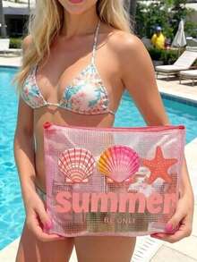 防水 PVC 海灘包，印有「Summer」海灘圖案，A4 透明文件袋，大容量化妝包，網格拉鍊袋，便攜游泳袋，度假禮物，派對禮物，母親節禮物，開學禮物 - 彩色 - 查看 3